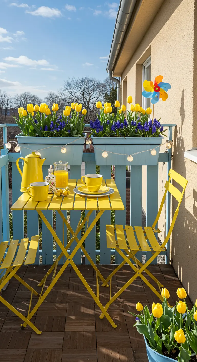 Zonnig balkon met gele bistroset, gele tulpen en blauwe druifjes in lichtblauwe bakken.