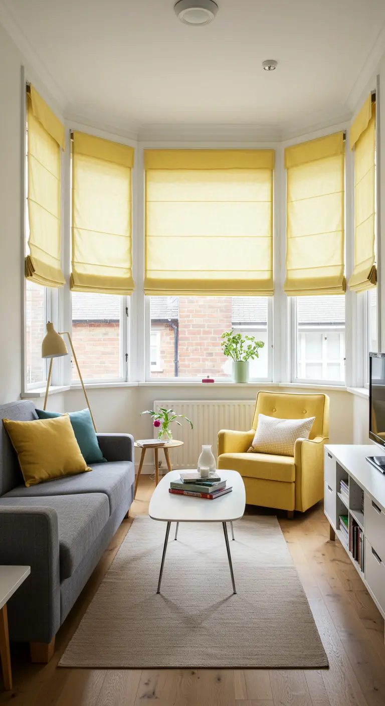 Gele vouwgordijnen in een erker van een woonkamer met grijze bank.