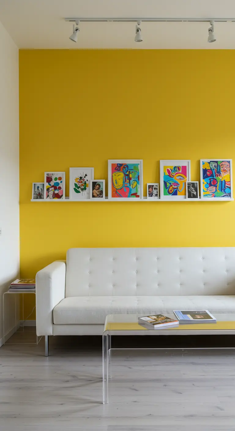 Diverse kleurrijke kunstwerken en foto's op een witte fotoplank tegen een gele muur.