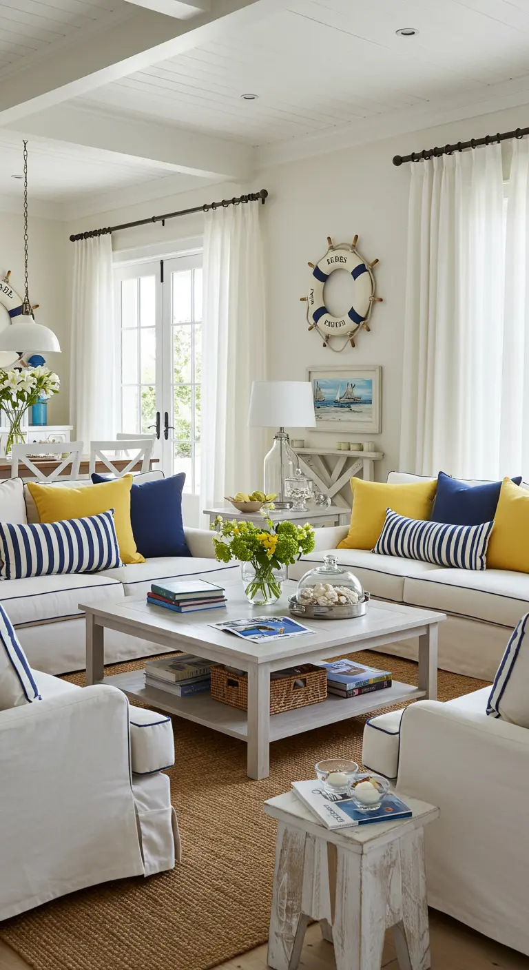 Vrolijke woonkamer met witte banken, geel-blauwe kussens en maritieme wanddecoratie.