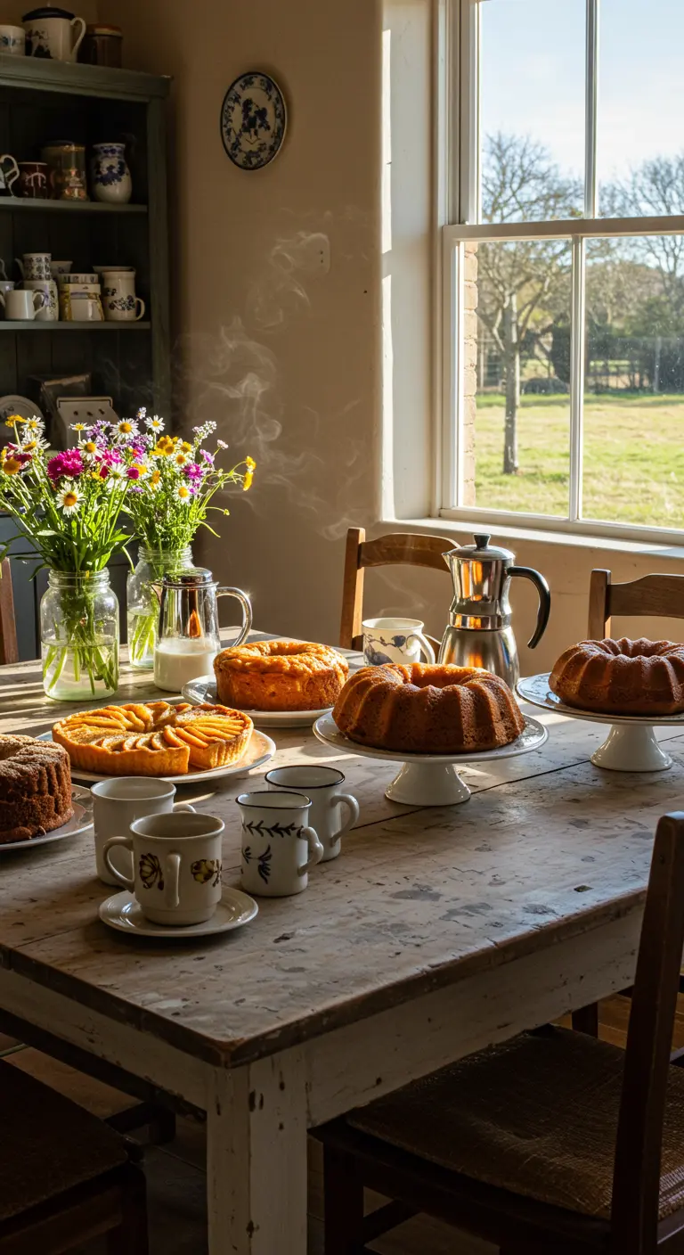 Rustieke tafel met cakes, koffie en veldbloemen bij zonnig raam.