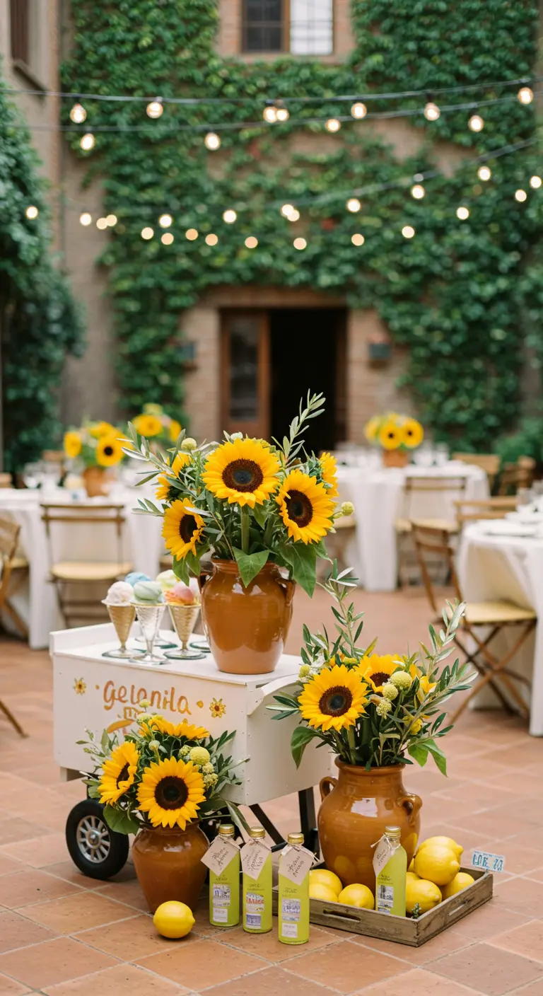 Bruiloftsdecoratie met zonnebloemen, een ijskar en citroenen op een binnenplaats.