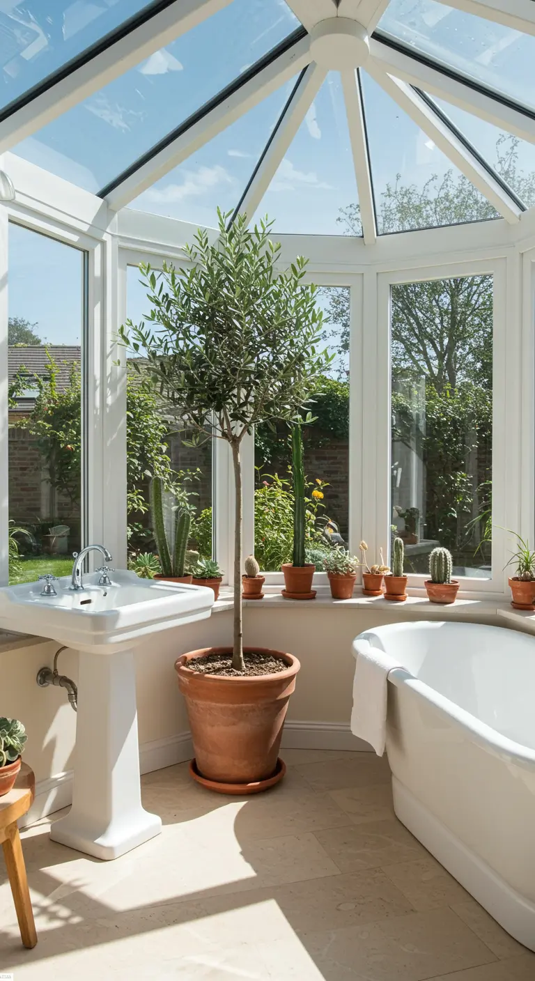 Badkamer in serre-achtige ruimte met grote olijfboom en diverse cactussen
