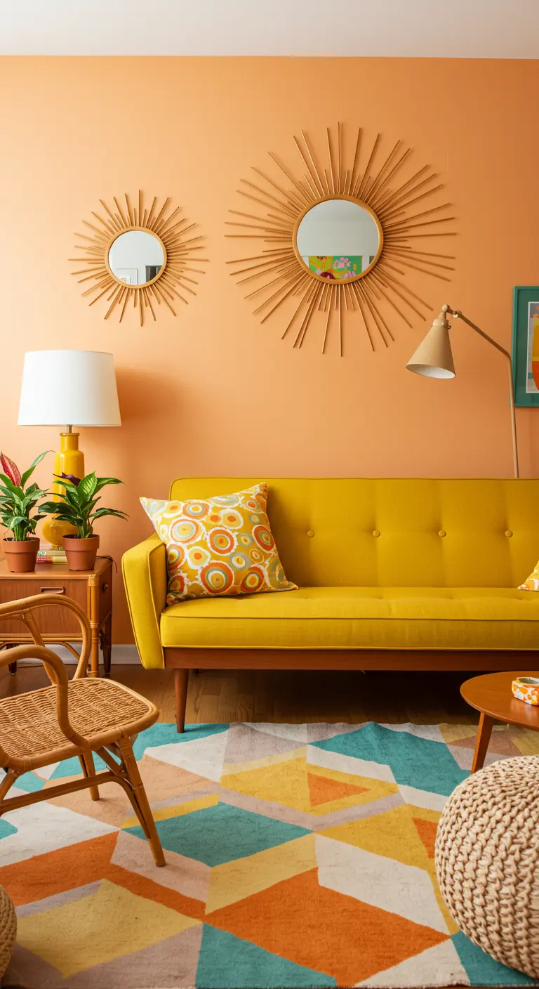 Retro woonkamer met okergele bank en een collectie rotan zonnestralenspiegels aan de muur.