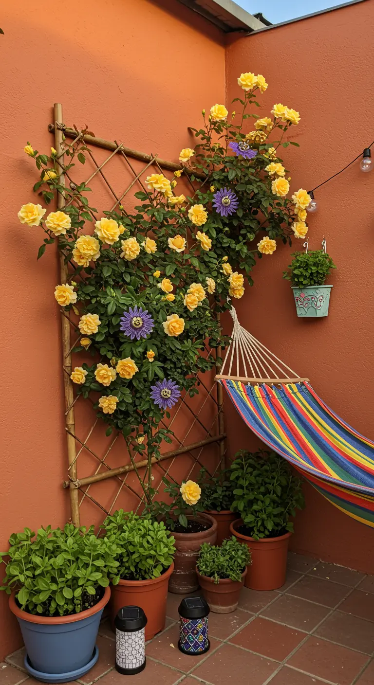 Gele klimrozen en passiebloem tegen oranje muur bij een kleurrijke hangmat.