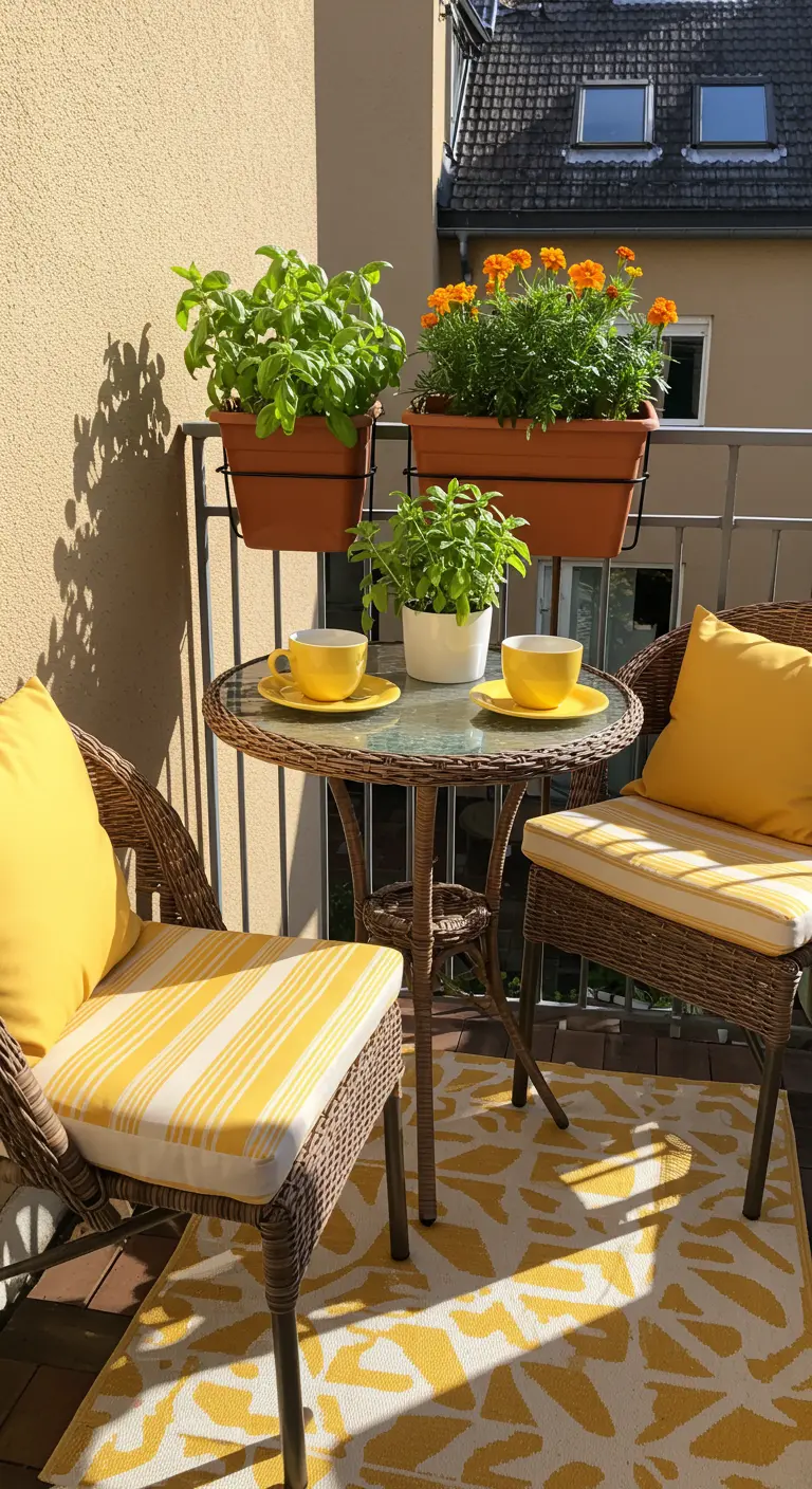 Rieten bistroset met gele kussens en tafelsetting op een zonnig balkon met kruiden.