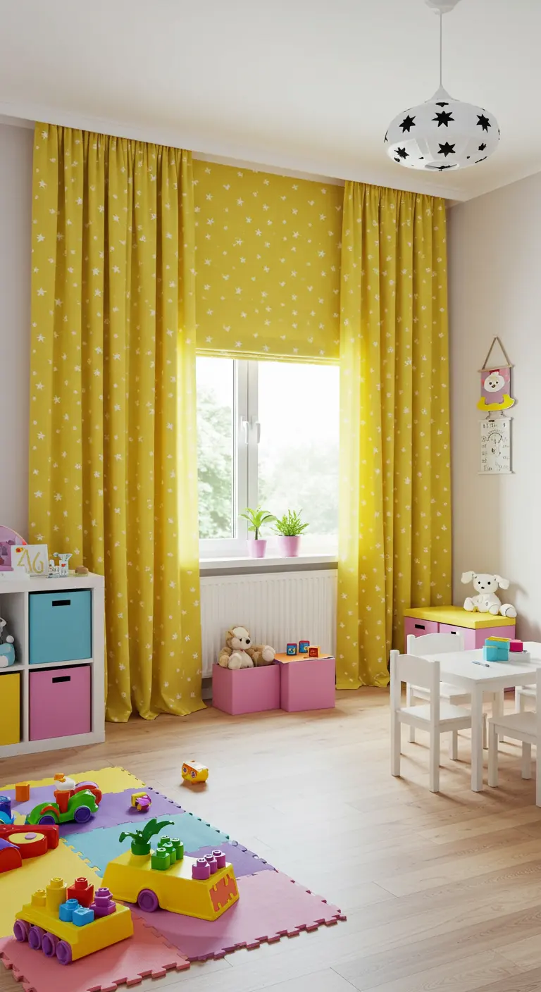 Felgele kindergordijnen met witte sterretjespatroon voor een raam.