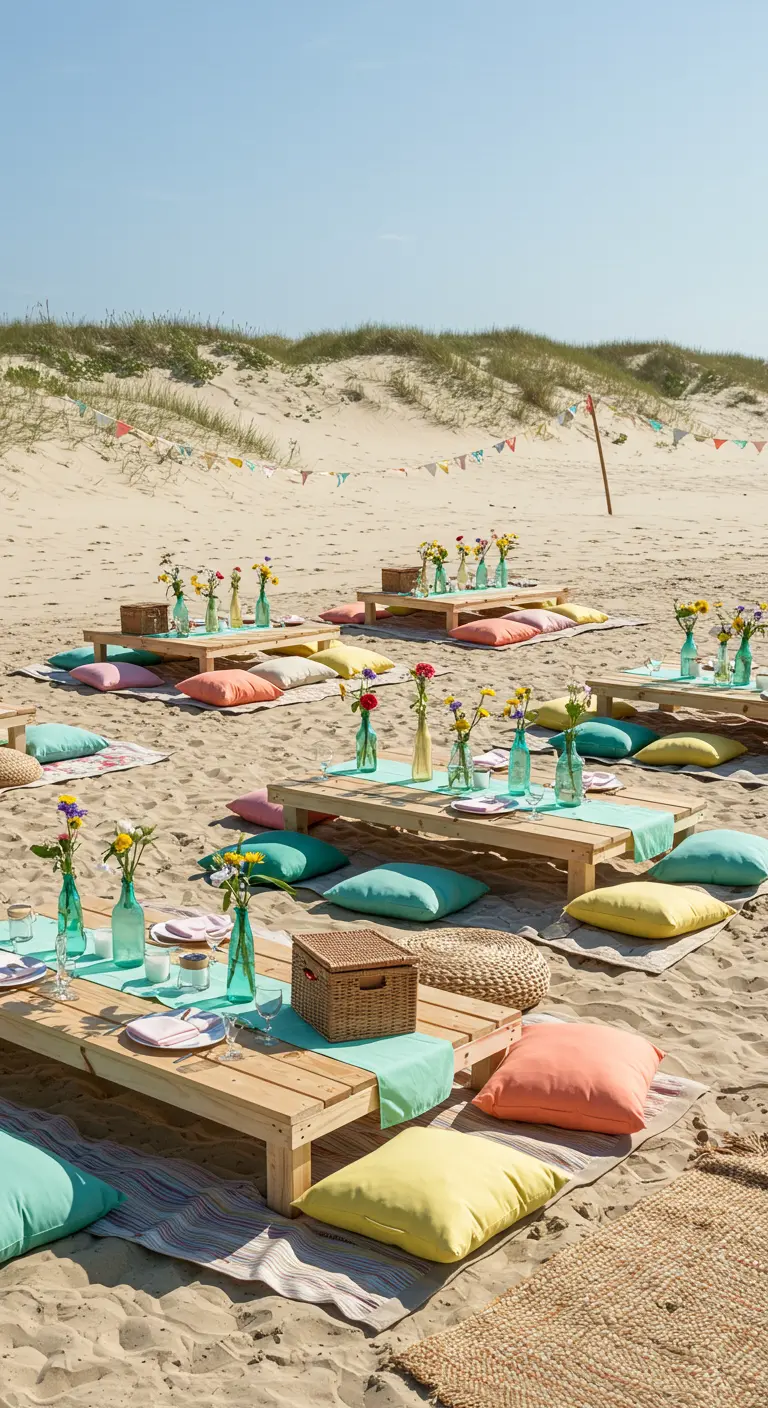 Kleurrijke strandpicknick setting met lage tafels en vrolijke kussens.