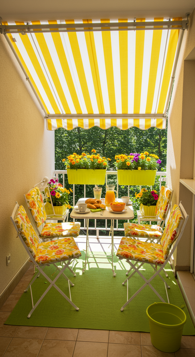 Balkon met geel-wit gestreept zonnescherm en bijpassende stoelkussens.