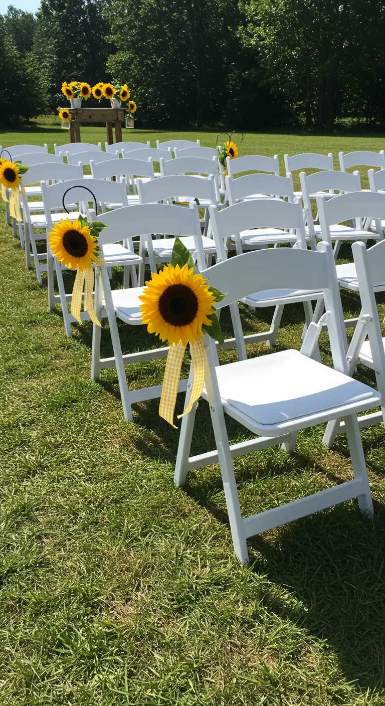 Witte klapstoelen op gras versierd met zonnebloemen en geel-wit geblokte linten.