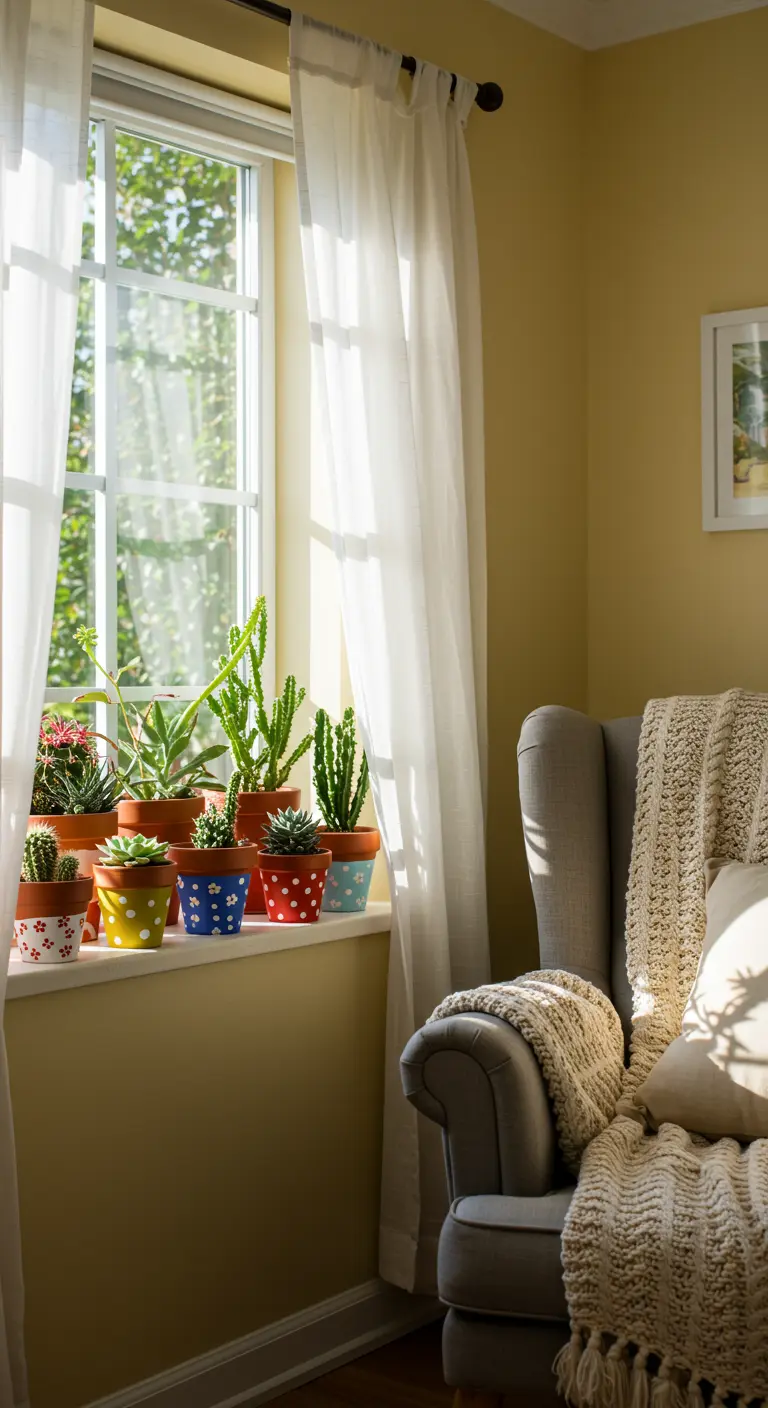 Vensterbank vol met kleine cactussen en vetplanten in kleurrijk beschilderde potjes.