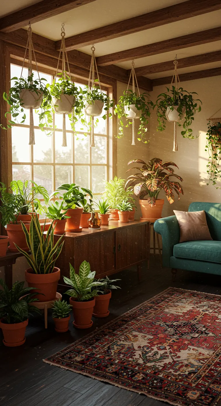 Zonnige kamer met hangplanten en diverse potplanten op een houten dressoir.
