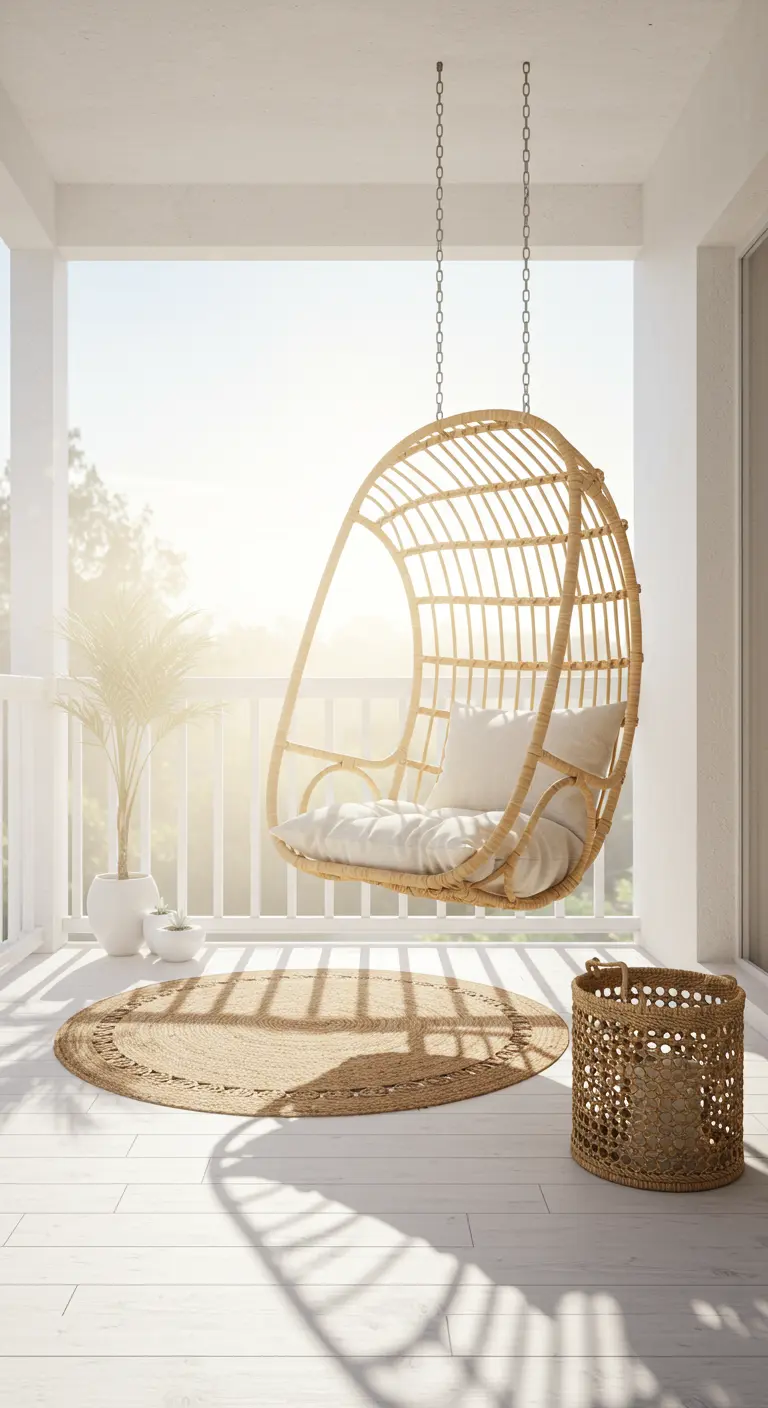 Rotan eivormige hangstoel met witte kussens op zonnige veranda.