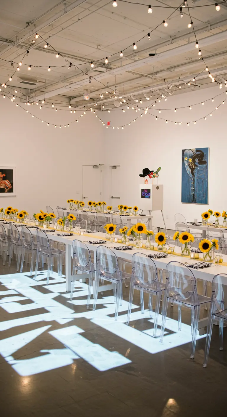 Moderne bruiloftsreceptie met lange tafels vol zonnebloemen en lichtslingers.