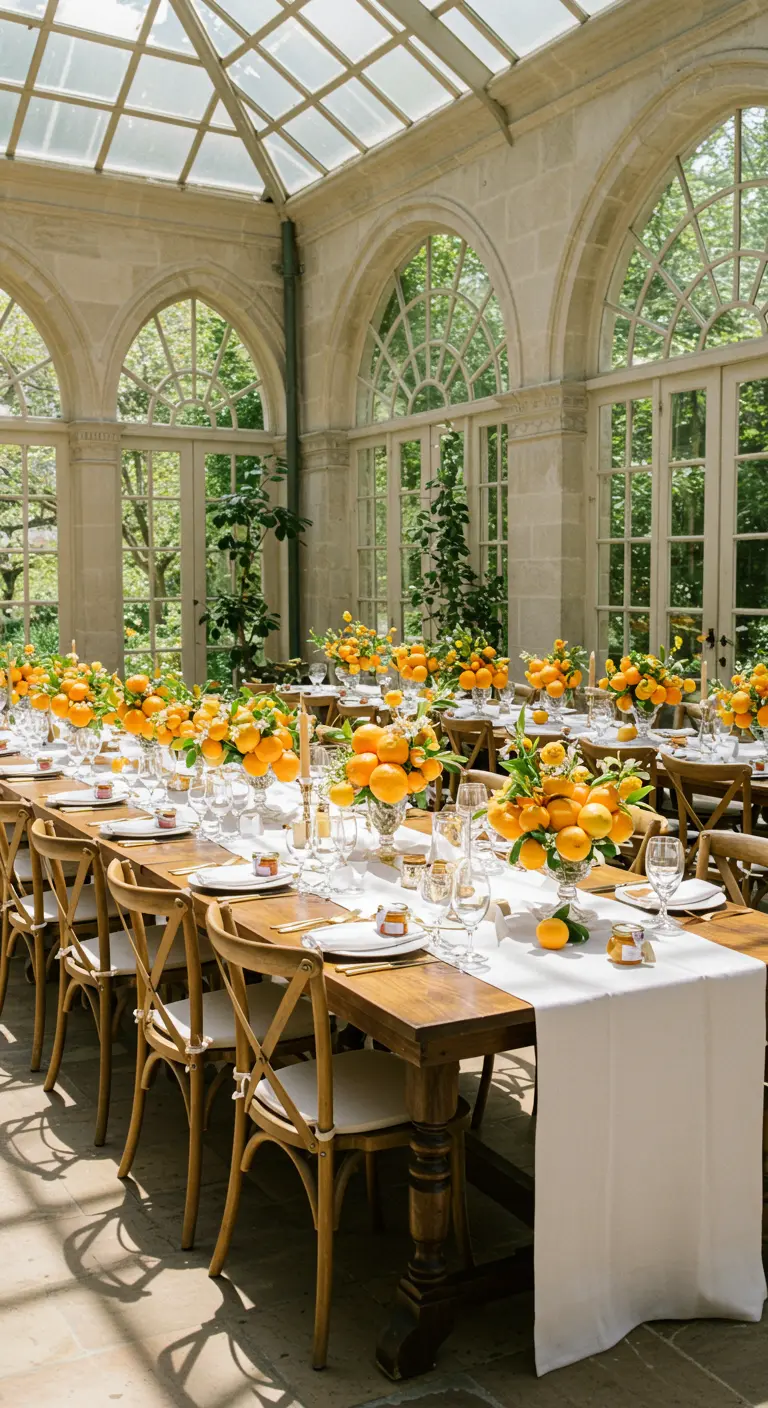 Lange houten tafels in oranjerie gedecoreerd met sinaasappels en groene takken voor brunchwedding.