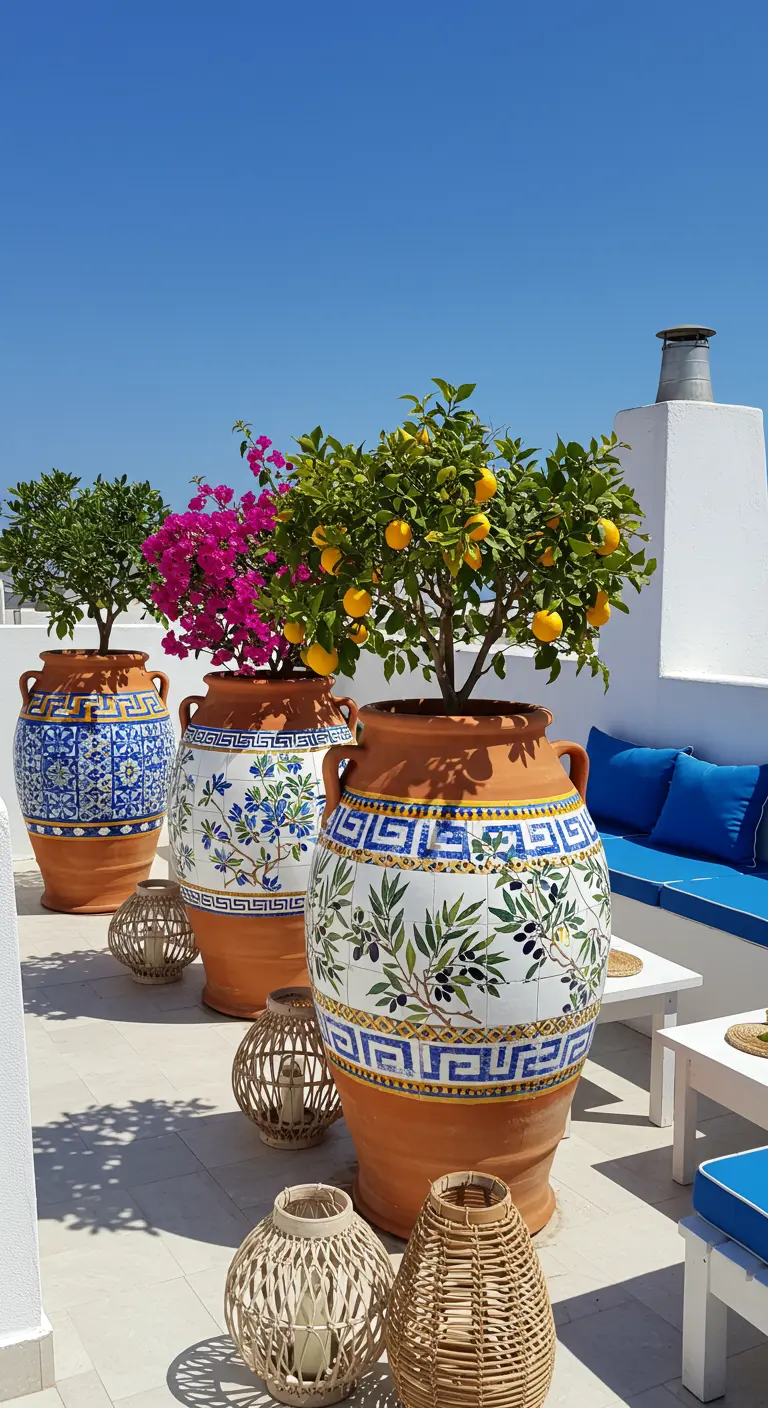 Grote terracotta potten met blauw-wit mozaïek en citrusbomen op een zonnig balkon.