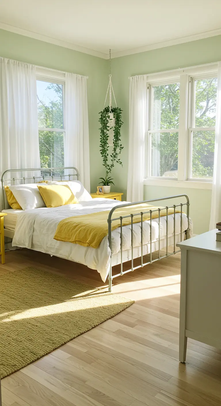 Zonnige slaapkamer, mintgroene muren, metalen bed, gele accenten, hangplant.