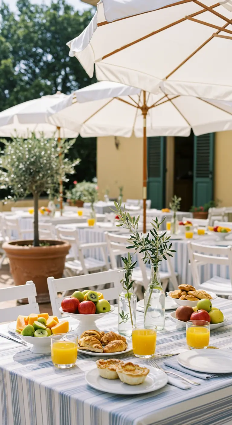 Ontbijttafel buiten met gestreept tafelkleed, fruit en olijfbomen.