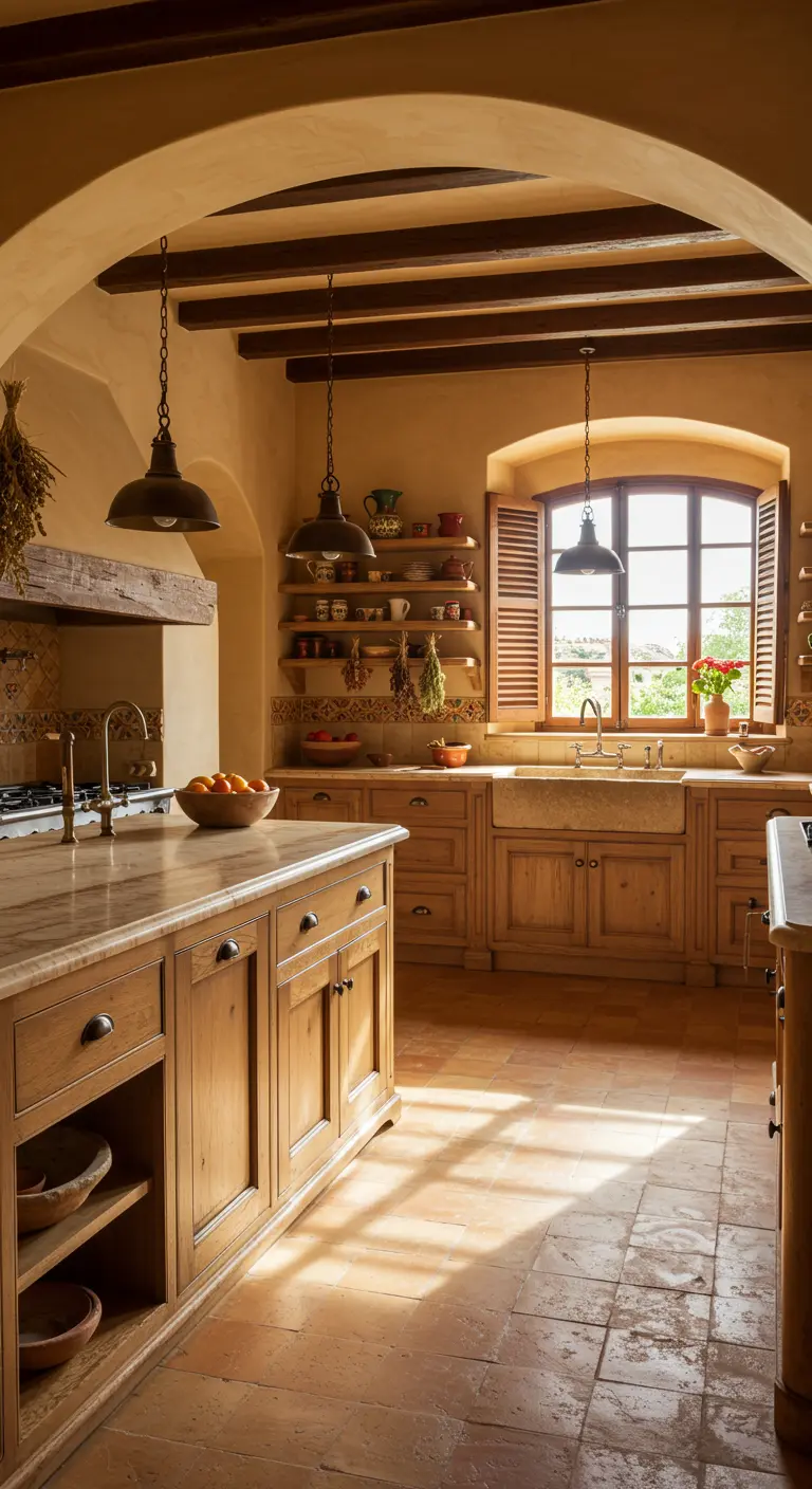 Mediterrane keuken met terracotta vloer, houten kasten en licht natuurstenen werkblad.