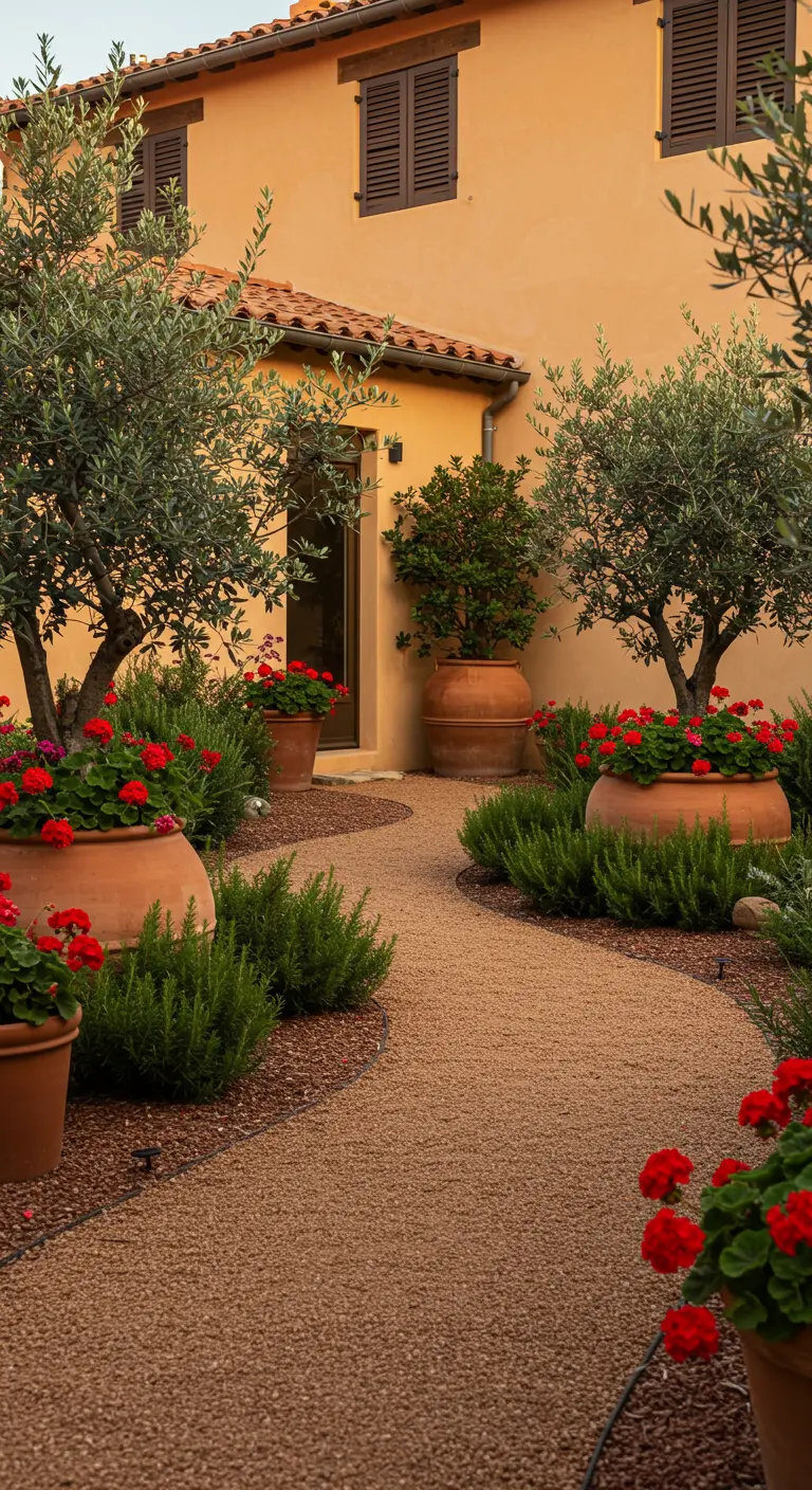 Warmgeel grindpad naar mediterraan huis met terracotta potten en rode bloemen.