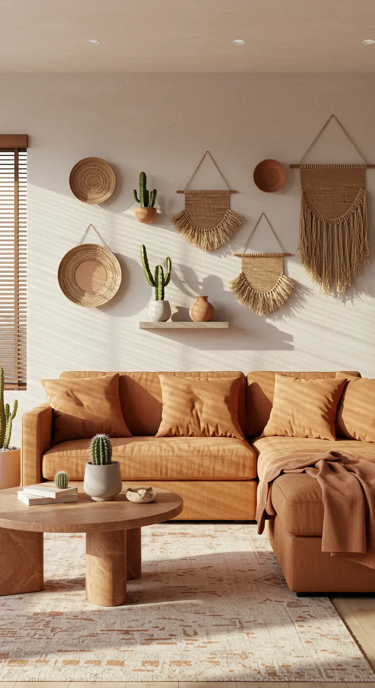 Zonnige woonkamer met terracotta bank, rieten wanddecoratie en cactussen.