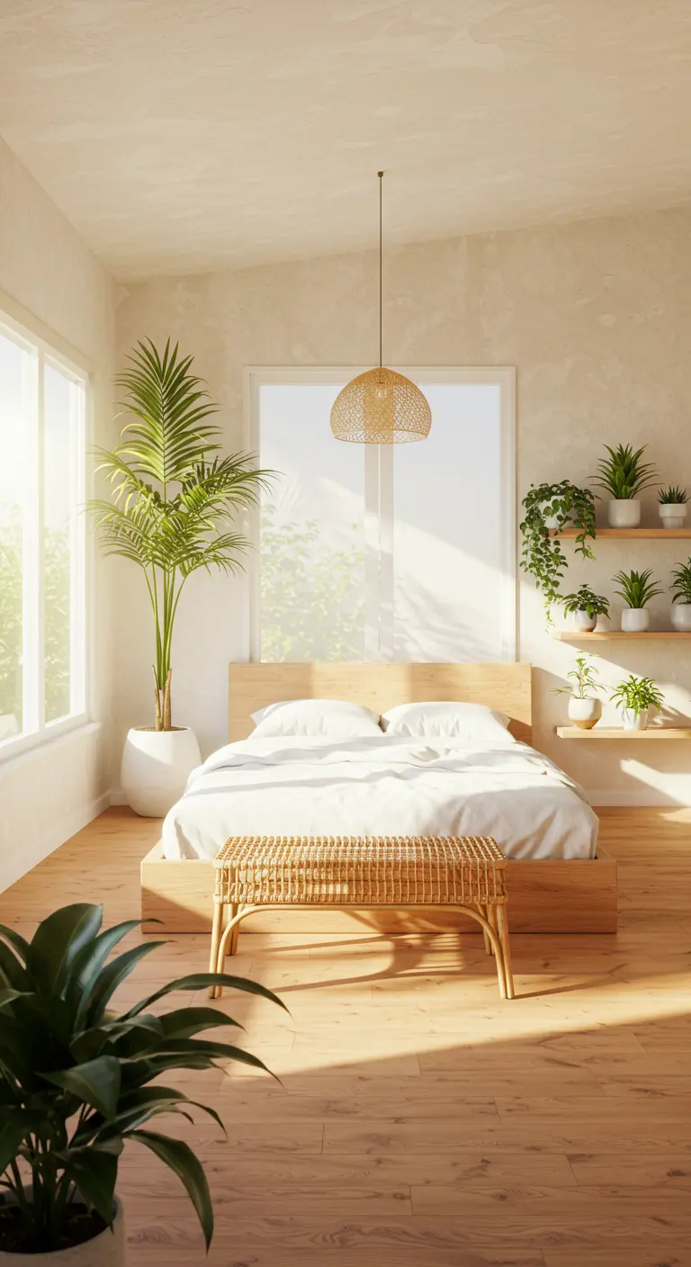 Zeer lichte slaapkamer met houten bed, rotan bank en planten op planken.