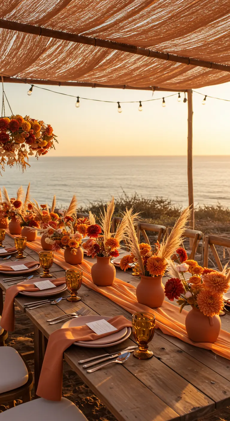 Tafelsetting aan zee met terracotta potten, oranje bloemen, pampasgras en amberkleurig glaswerk.