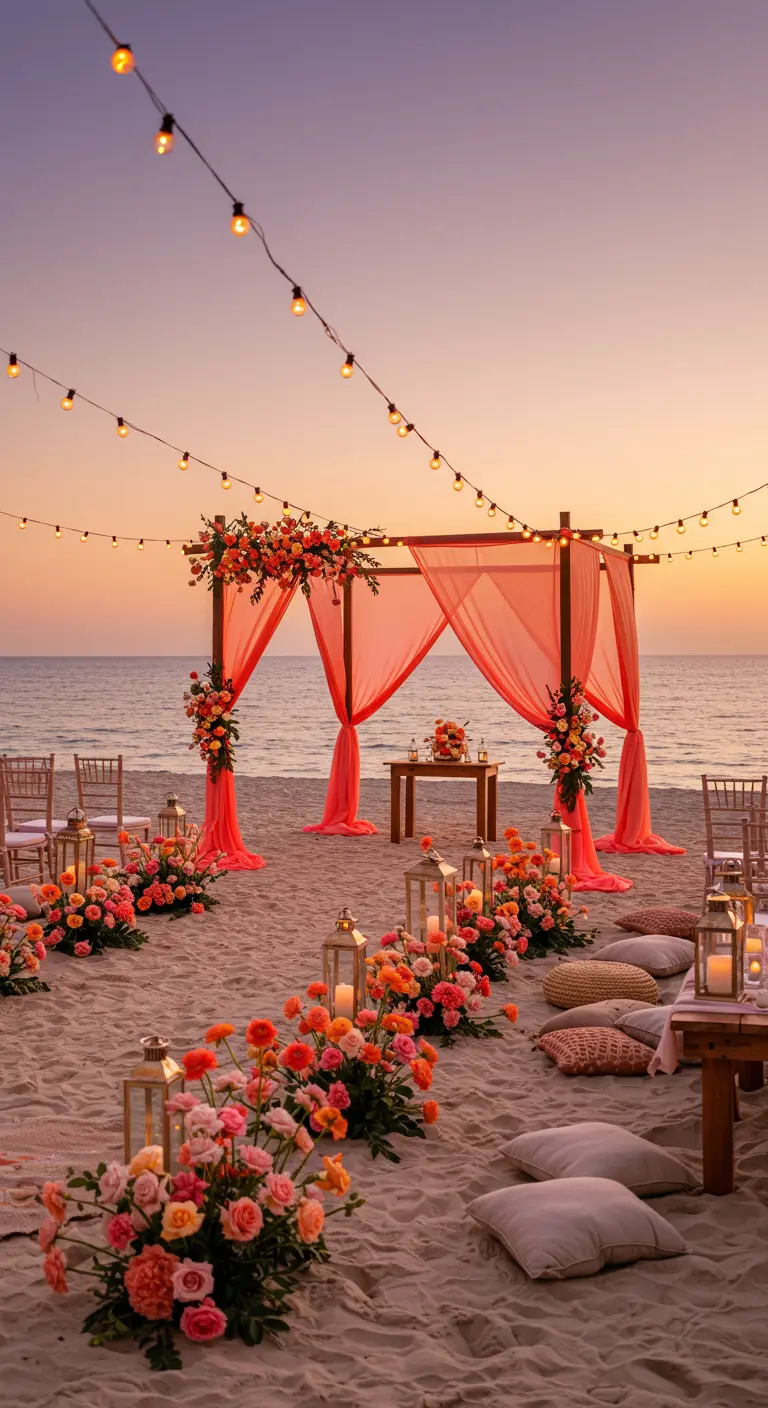 Strandbruiloft bij zonsondergang met oranje bloemen, lantaarns en een koraalkleurige ceremonieboog