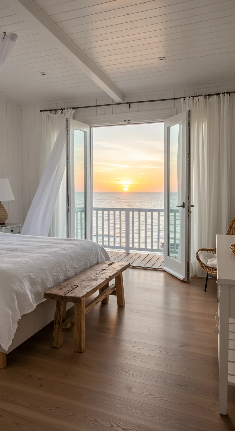 Witte slaapkamer met open deuren naar balkon met zeezicht bij zonsondergang.