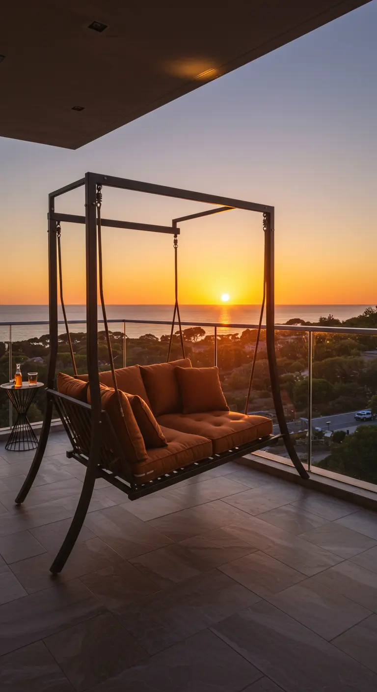 Donker metalen frame schommelbank met oranje kussens op een balkon met uitzicht op zonsondergang boven zee.