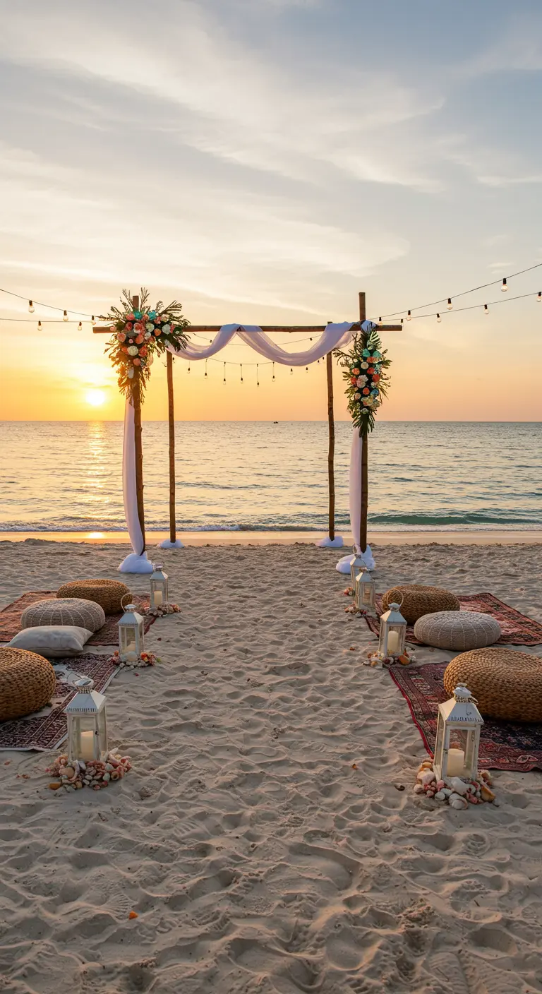 Strand ceremonieopstelling met stoffen, bloemen, lantaarns en lichtslinger bij zonsondergang.