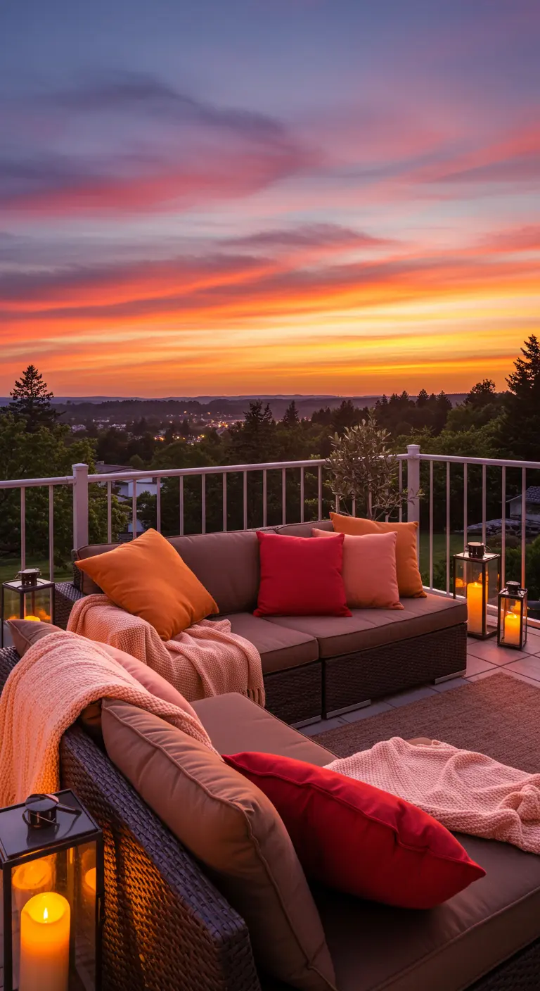 Terras met loungeset en kussens in warme oranje en rode tinten bij zonsondergang.