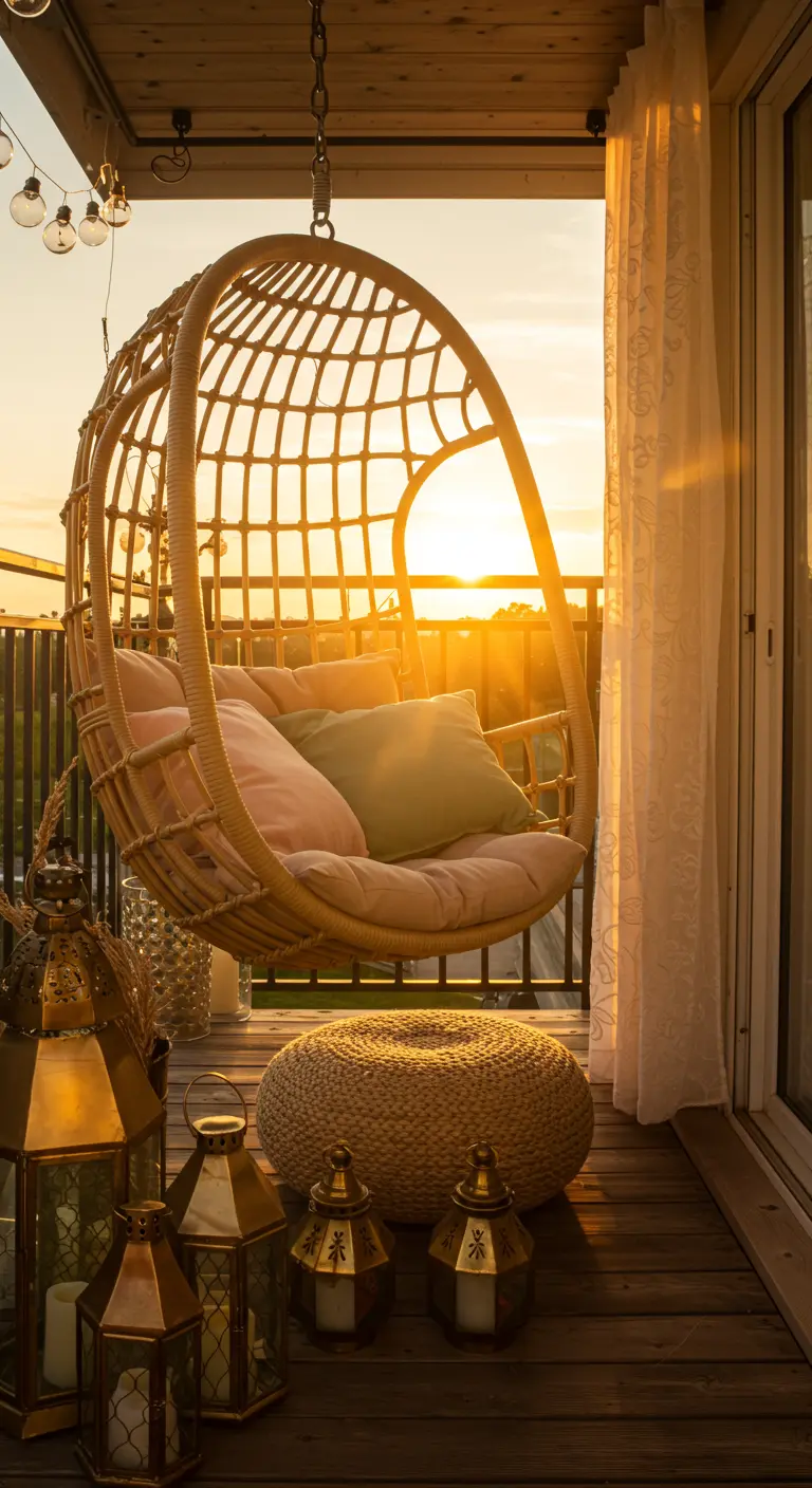 Rotan eivormige hangstoel op balkon met uitzicht op zonsondergang en lantaarns.