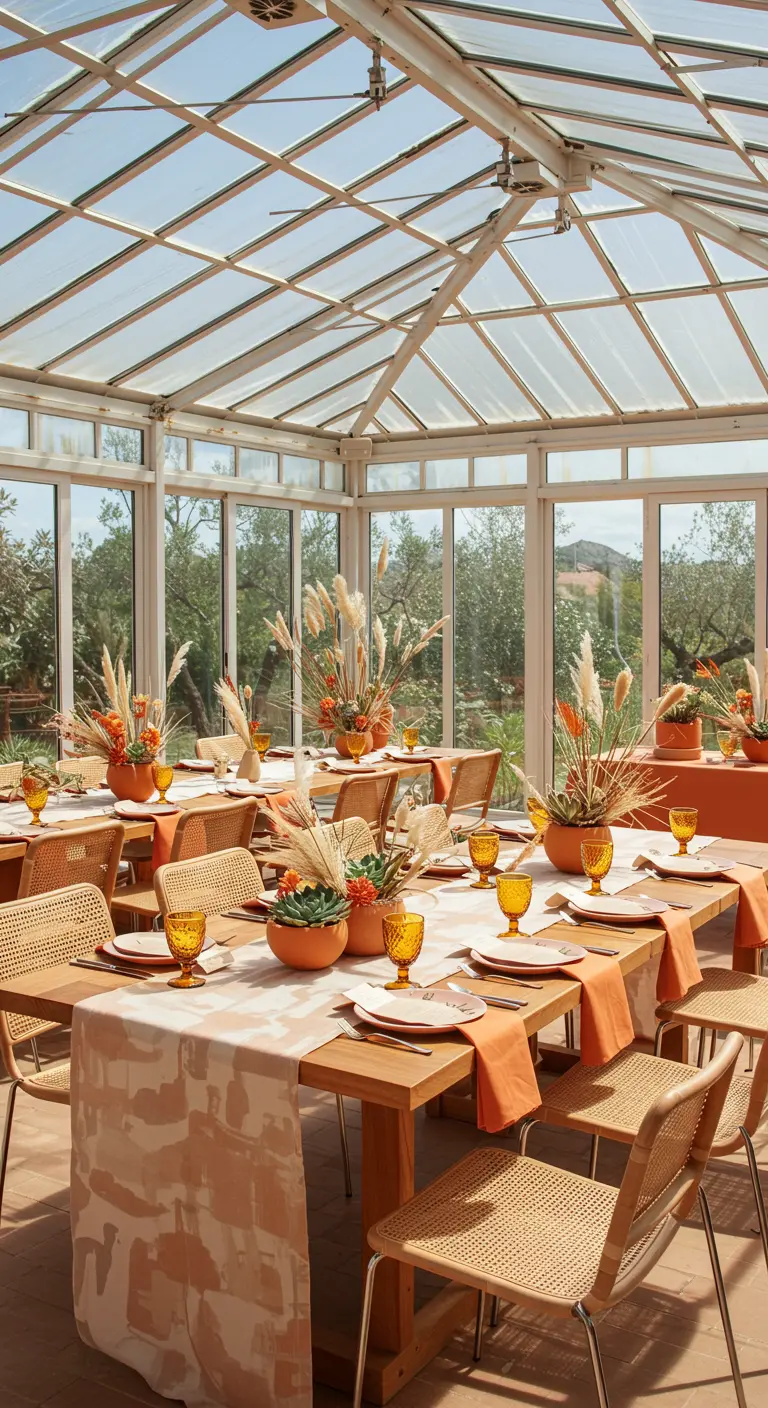 Feesttafels in een kas met terracotta en oranje decoratie, pampasgras en rotan stoelen.