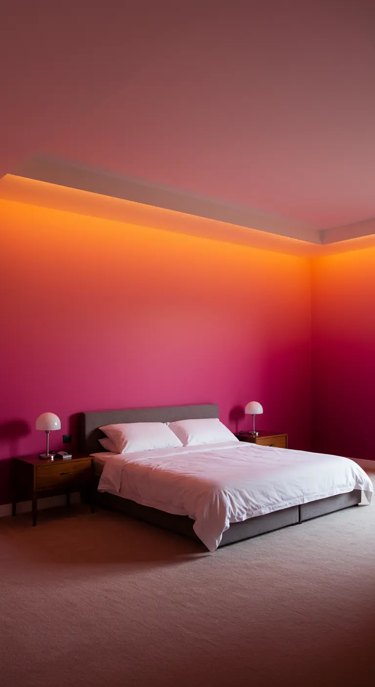 Slaapkamer met een intens roze-oranje kleurverloop op muren en plafond.