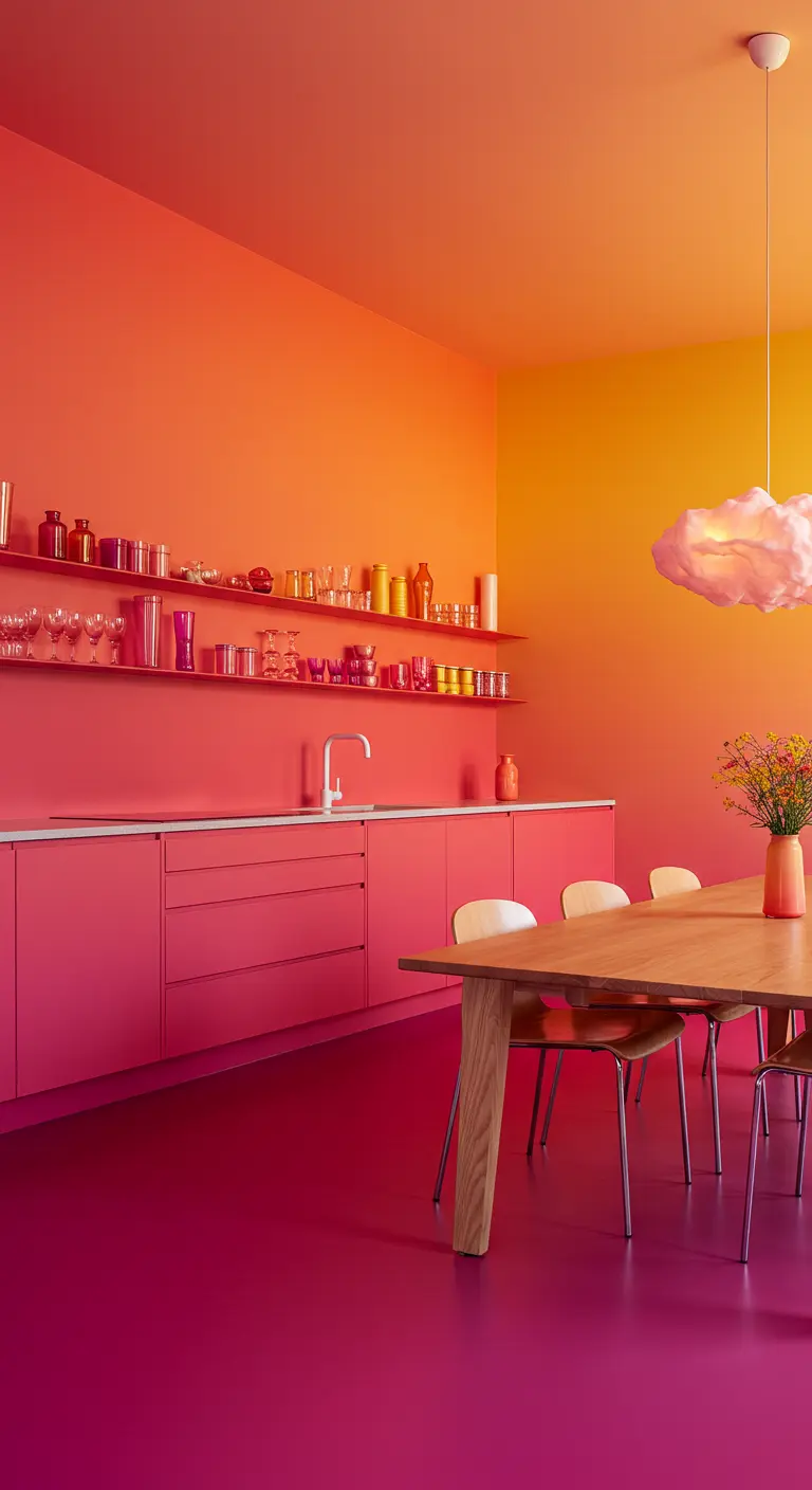 Spectaculaire keuken met een kleurverloop van magenta op de vloer naar geel op het plafond.
