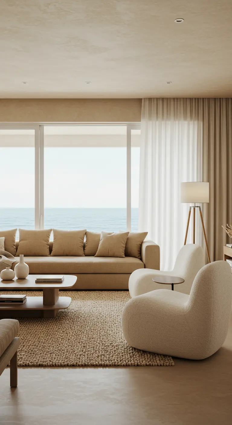 Zandkleurige woonkamer met uitzicht op zee, getextureerde meubels en vloerkleed.