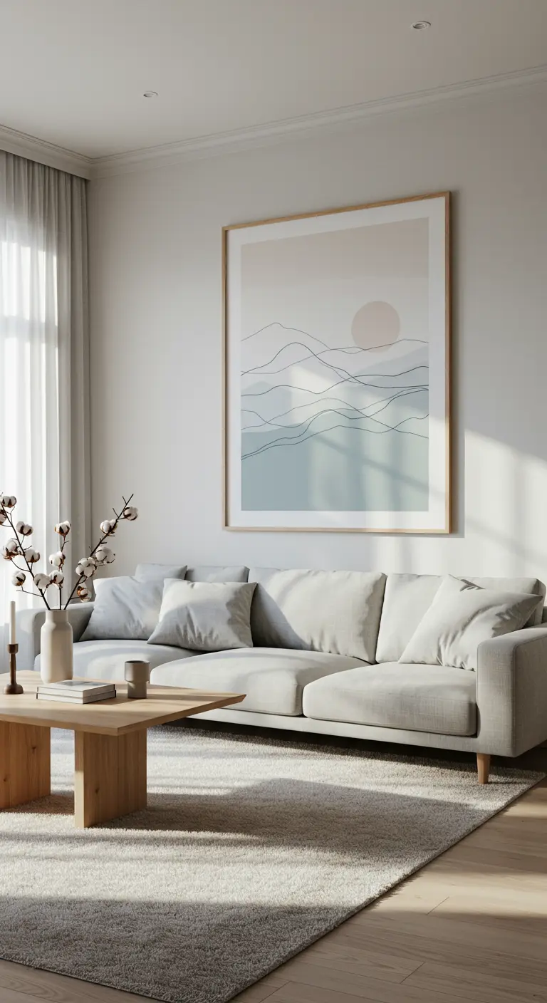 Woonkamer met grote abstracte print van lijnen en een cirkel boven lichte bank.