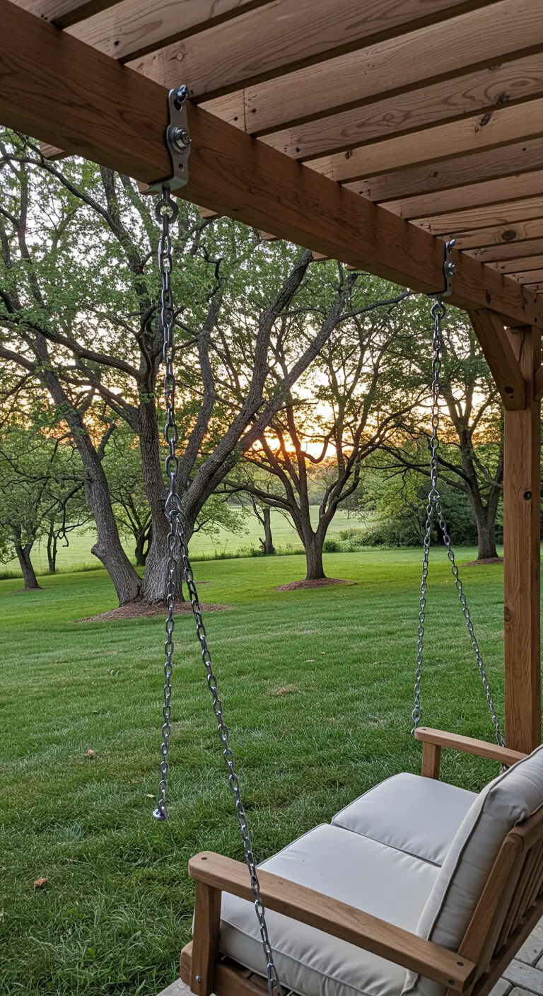 Luxe houten schommelbank met witte kussens onder pergola, kijkend naar zonsondergang.