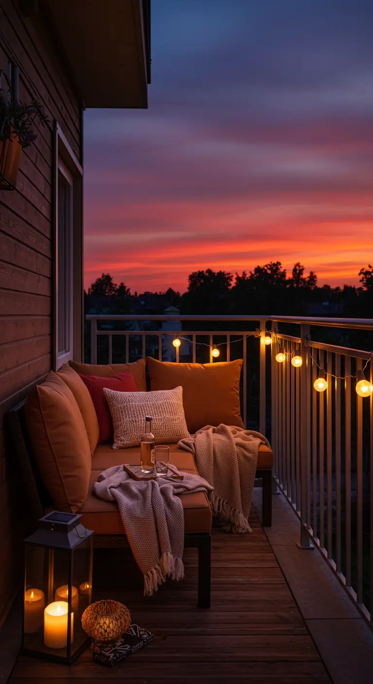 Balkon met loungebank, lichtsnoer en kaarsen bij een spectaculaire zonsondergang.