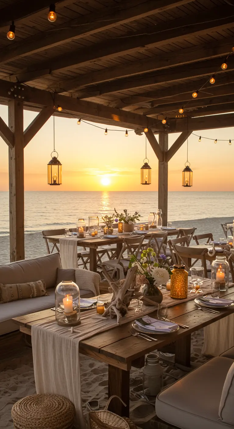 Stranddiner met lantaarns en uitzicht op zonsondergang boven zee.