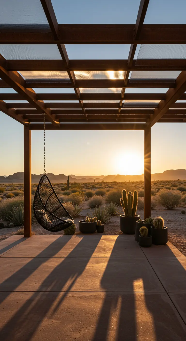 Zwarte hangstoel onder houten pergola met transparant dak in woestijnlandschap bij zonsondergang.