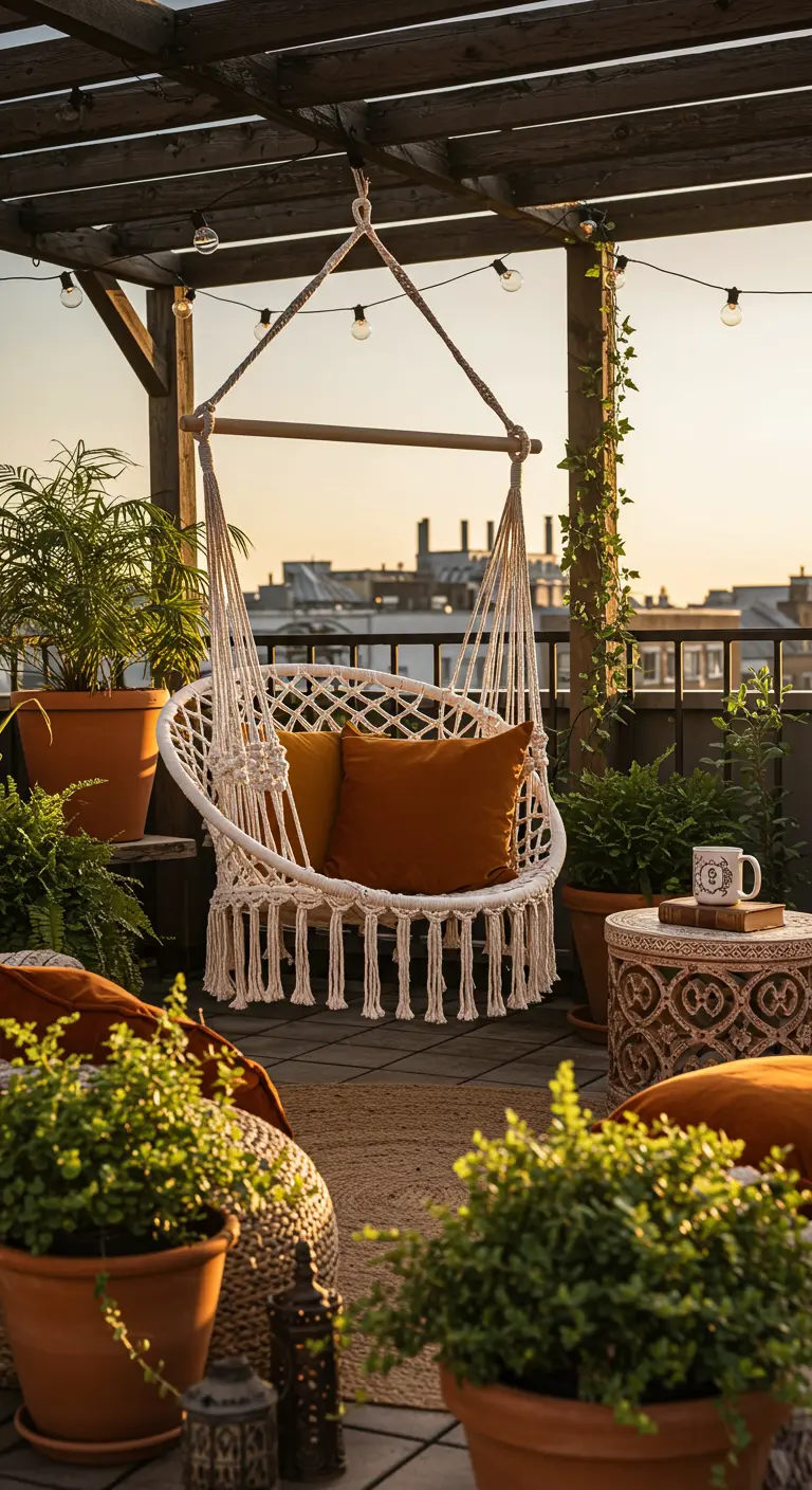 Witte macramé hangstoel op dakterras met planten en lichtsnoer tijdens zonsondergang.