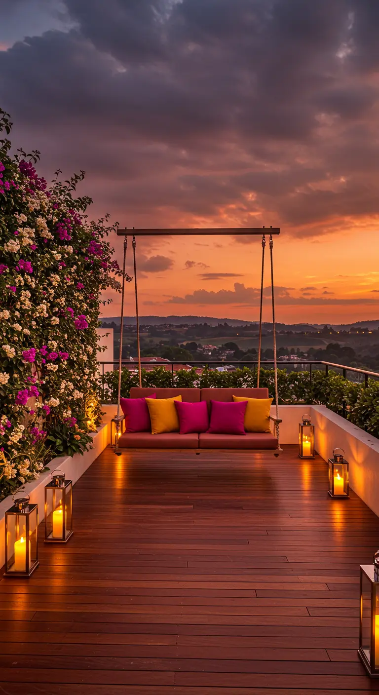 Dakterras met houten schommelbank, roze en gele kussens, lantaarns en weelderige bloeiende klimplanten bij zonsondergang.