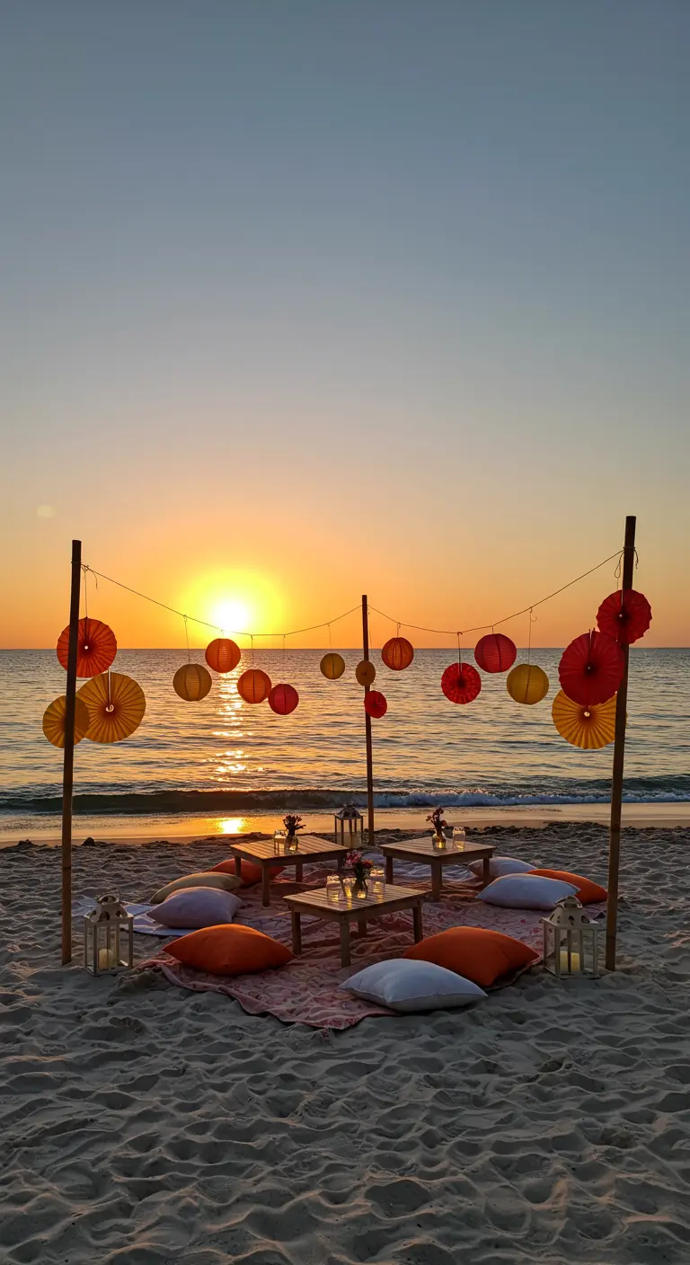 Strandsetting bij zonsondergang met oranje en gele papieren lampionnen en waaiers.