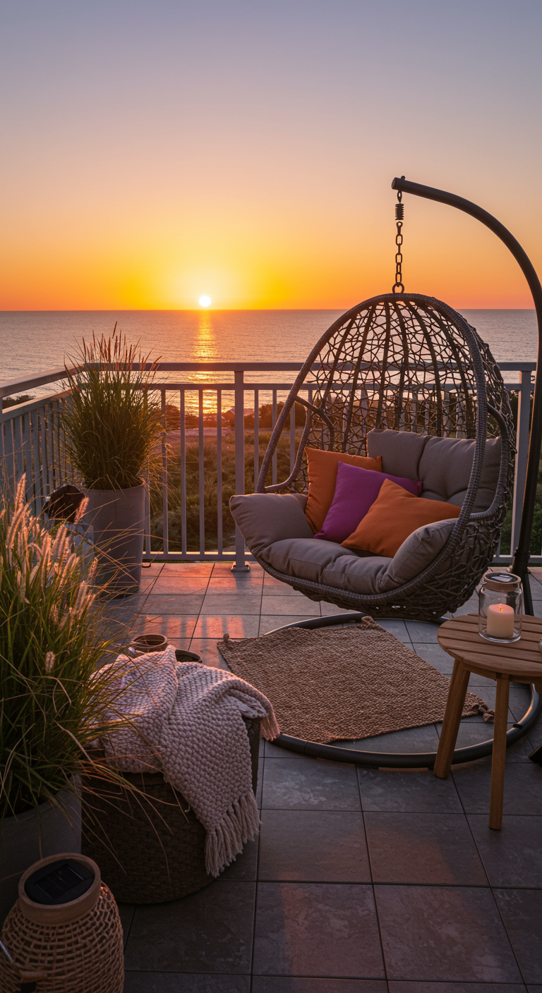 Hangstoel op balkon met uitzicht op zee bij zonsondergang, warme kussens en lantaarn.