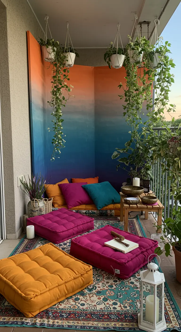 Balkon meditatiehoek met ombre geschilderde muur, kleurrijke vloerkussens en hangplanten.