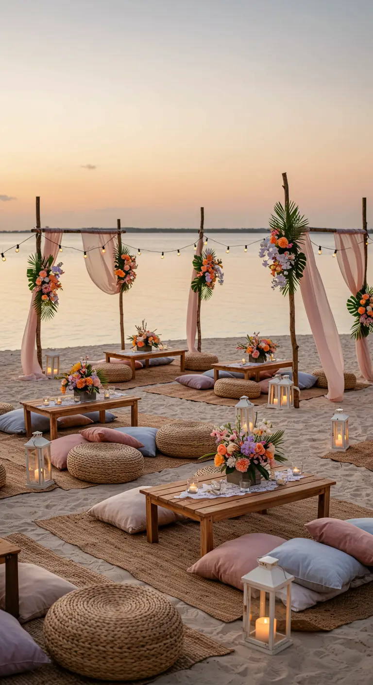 Strandpicknick bij zonsondergang met lage tafels, kussens, lantaarns en bloemdecoraties.