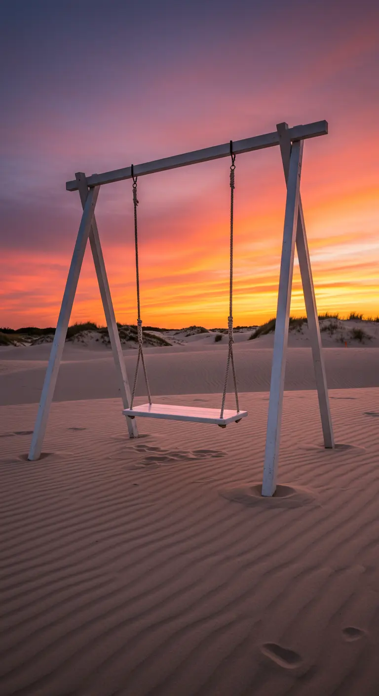 Witte houten A-frame schommel met enkele zitplank op zandduinen bij zonsondergang.