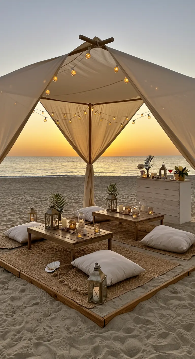 Strandsetting bij zonsondergang met een tent, lage tafels, kussens en lantaarns.